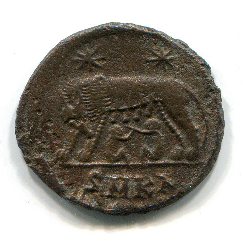 Roman coin showing the wolf suckling Romulus and Remus.