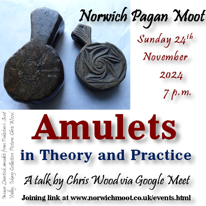 Image promoting Chris Wood's presentation for Norwich Pagan Moot on amulets, showing two carved wooden livestock amulets from theSwat Valley, Pakistan.