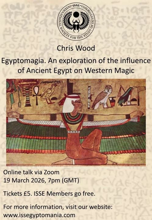 Image promoting Chris Wood's 'Egyptomagia' talk with an ancient wall painting of the winged Isis.