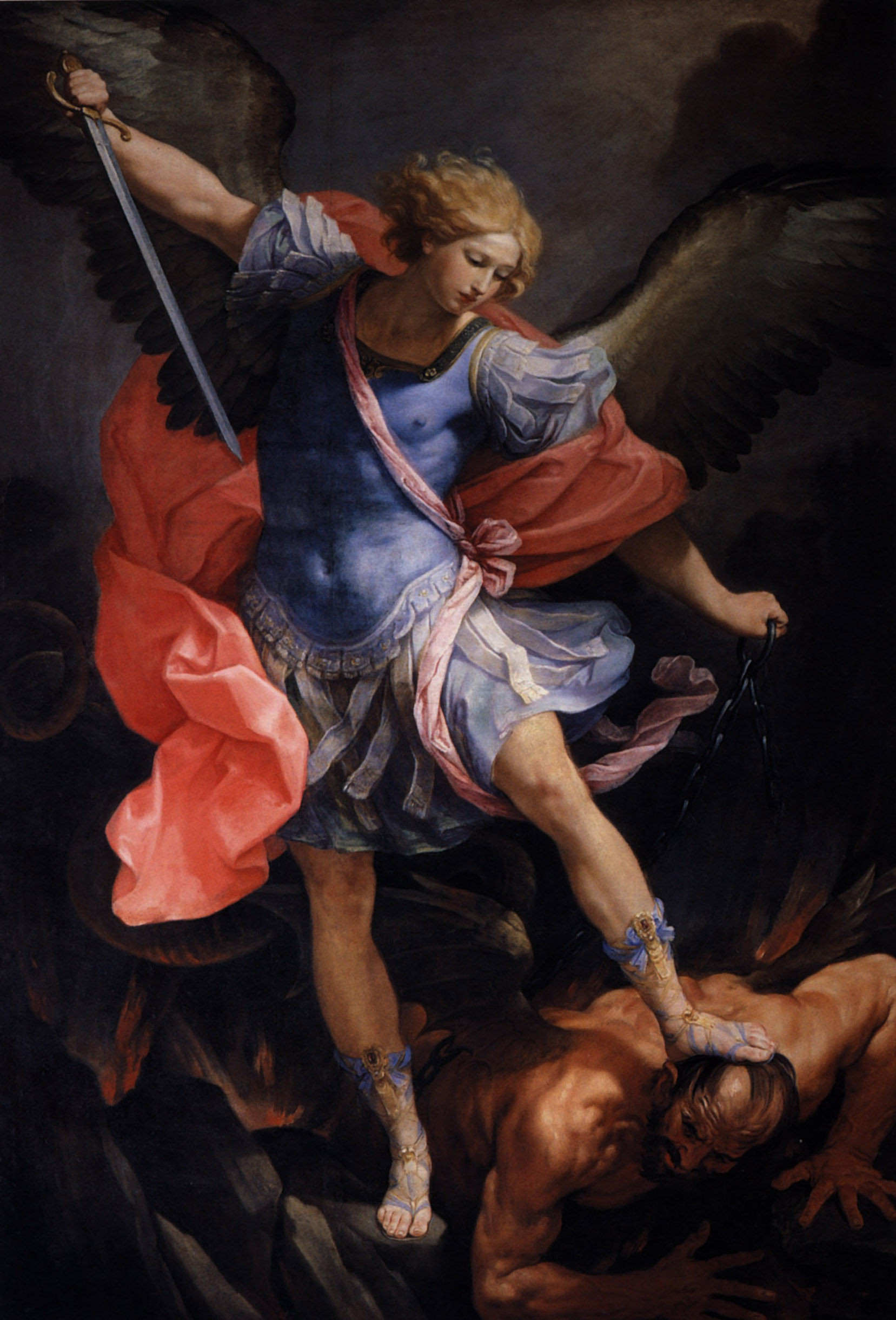 Painting of a feminine-faced St Michael, sword drawn and robe billowing, standing over Satan and holding his chains in her left hand.